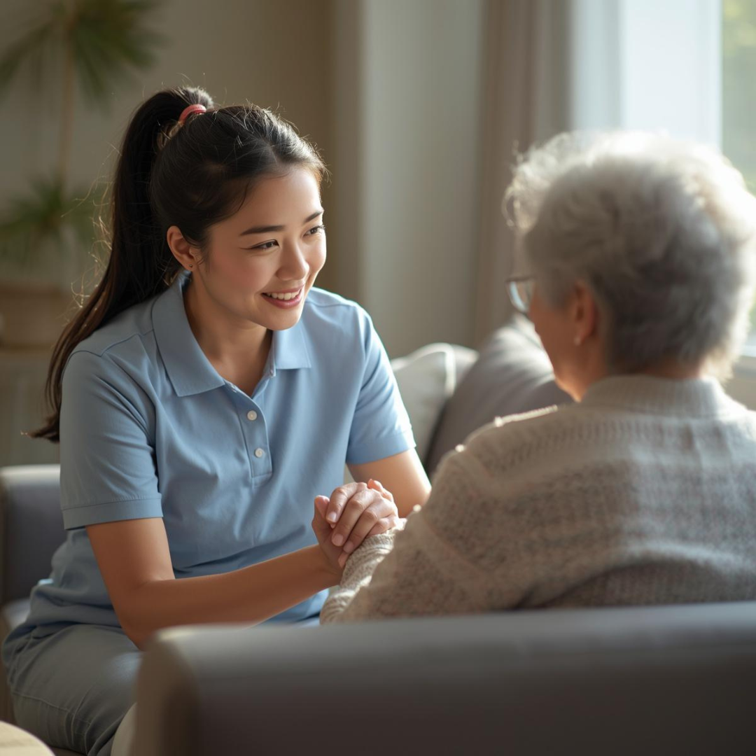 Caregiver talking to elderly woman